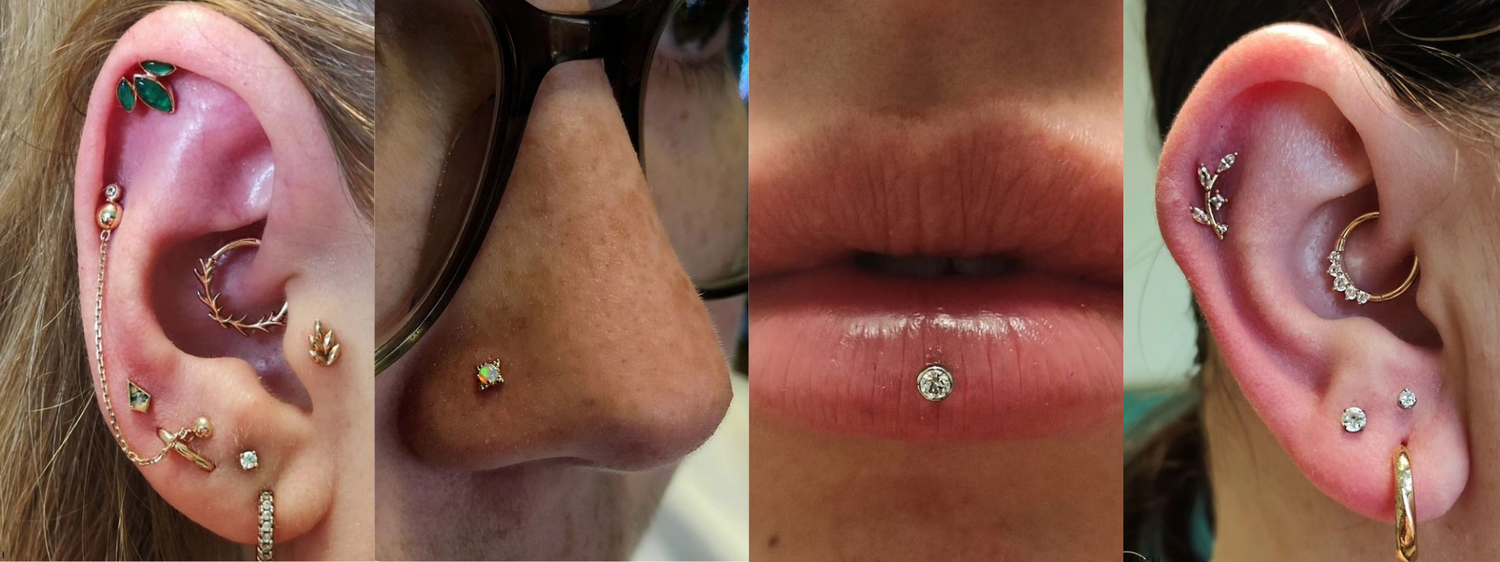 A picture banner made out of 4 photos. The first is a picture of a 14ct gold ear curation using rose gold, chains, moss agate, chrysoprase and nature themes. Photo number 2 is a nostri piercing using a anatometal zia end in 18ct gold and an opal. Photo number 3 is an ashley piercing on the lip with a white cz. Photo number 4 is a yellow gold and white cz ear curation.