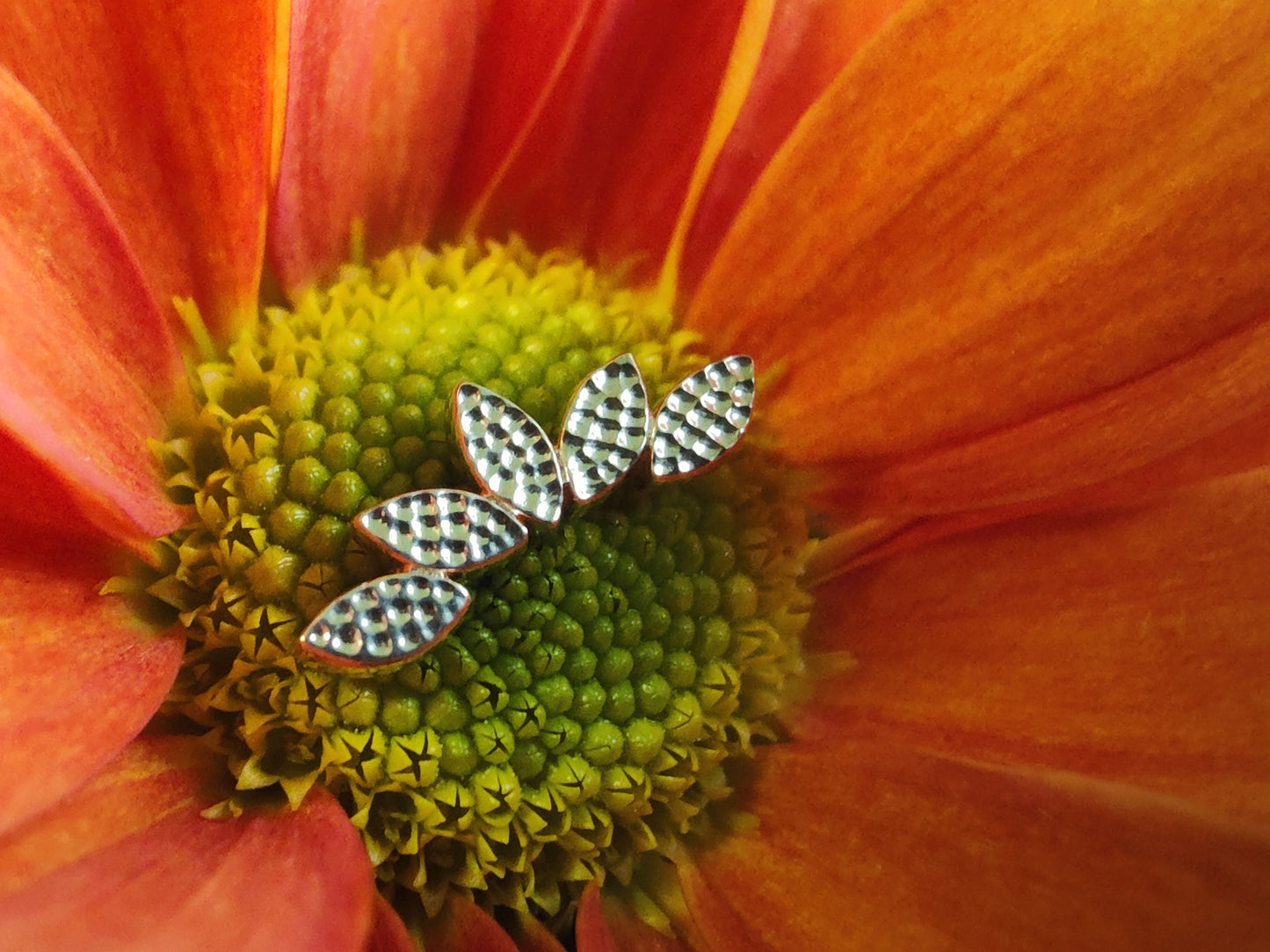 5 marquise cut solid gold hammered shaped connected in a fan shape sat on a burnt orange flower