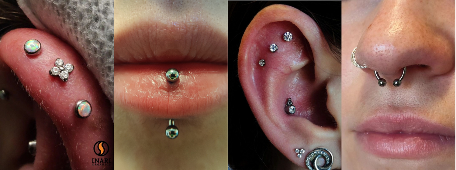 A photo banner with 4 photos. Photo number 1 is an ear with 3 vertical helix piercings with a 4 stone white cz attatchment in the middle and 2 opals on the outside. Photo number 2 is a vertical lip piercing with a titanium curved bar. Photo number 3 is a ear curation with a triple flat with descending sizes of white czs and a conch piercing. Photo number 4 is is a septum piercing with a titanium curved barbell. 