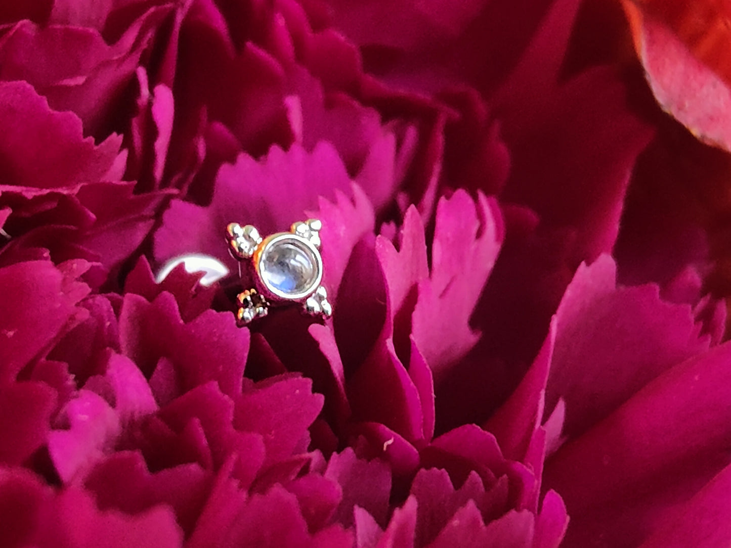 a genuine moonstone stone with 4 tribead accents in white gold sat on a deep purple flower