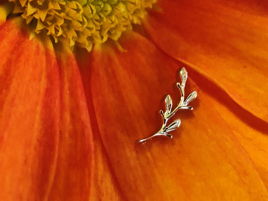 an attchement in the shape of a leaf in white gold set on a burnt orange leaf
