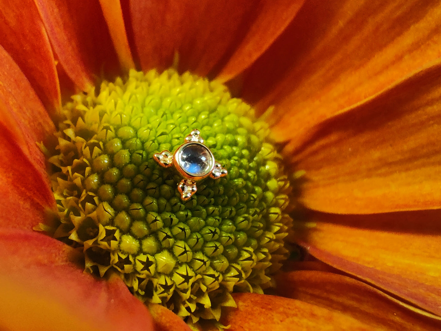 a genuine moonstone stone with 4 tribead accents in yellow gold sat on a burnt orange flower